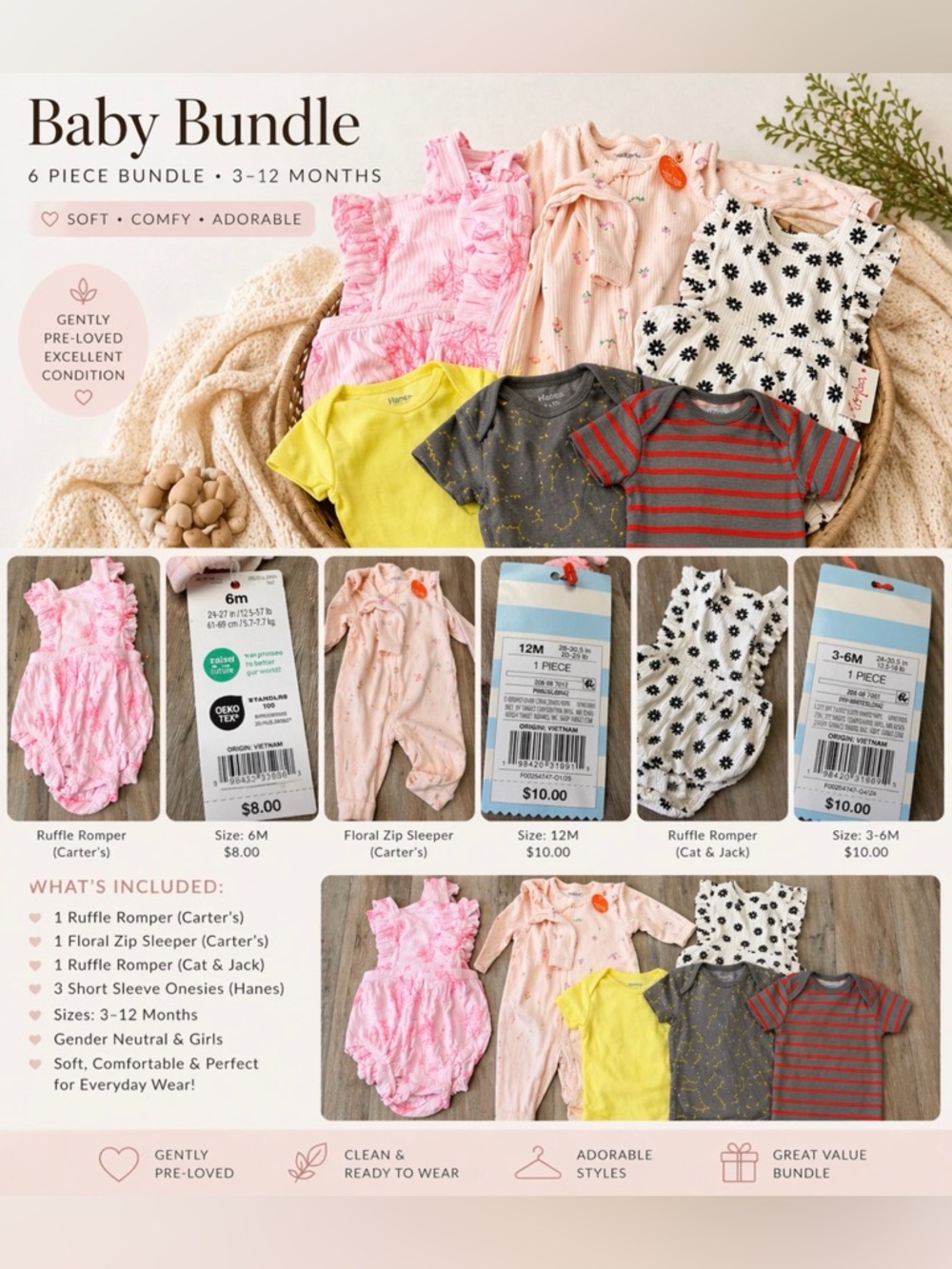 Baby Girl Clothing Bundle 6 Piece Lot 3-12M Carter’s Cat & Jack Outfits NWT